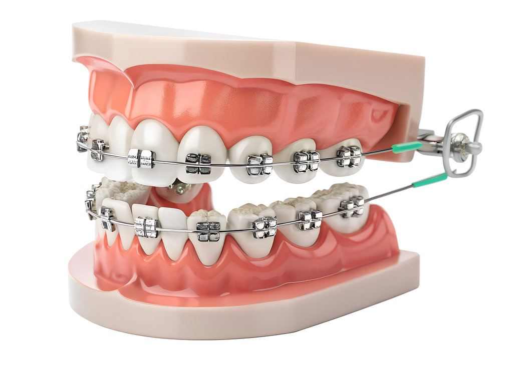A detailed dental model showcases upper and lower teeth with traditional metal braces. The model illustrates orthodontic elements used in teeth alignment treatment, highlighting dental health.